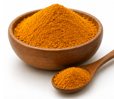 Turmeric powder in a wooden bowl with a spoon
